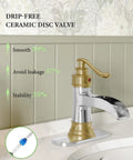 Waterfall Bathroom Faucet For 1 Or 3 Holes, Widespread Single Handle, Dope Gold And Chrome Finish shown on rustic vanity sink