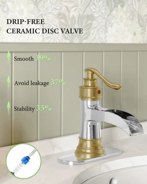 Waterfall Bathroom Faucet For 1 Or 3 Holes, Widespread Single Handle, Dope Gold And Chrome Finish shown on rustic vanity sink