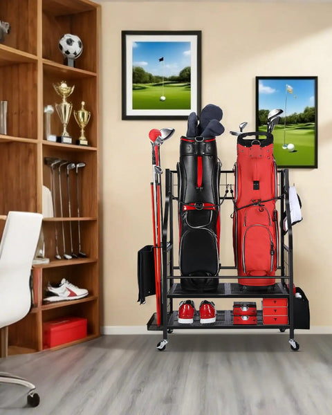 Two Tier Golf Bag Storage Organizer for Garage Holds Two Golf Bags Plus Extra Clubs Shoes Balls and Accessories with Side Ball Pouch