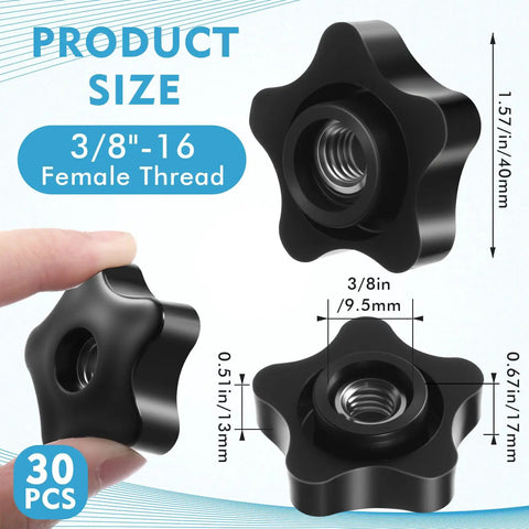 Black Plastic Head Through Knob Set With Brass Insert 3/8-16 Female Thread Star Nut Style Clamping Knobs 30 Pcs For Heavy Duty Fastening Easy DIY Assembly And Secure Bolt Clamps, 40mm