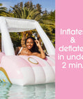 Oversized Inflatable Golf Cart Pool Float With Removable Fringe Canopy And Retro Styling in a pool with a person relaxing.