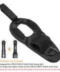 Glove Mounted Dive Light Holder For Hands Free Scuba Gear Adjustable Wrist Strap Universal Fit 0.94 Inch To 1.10 Inch Flashlights Not Included Regular Size next to two flashlight illustrations.