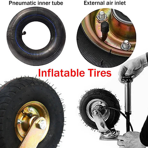 Set Of Two Heavy Duty Swivel Knobby Caster Wheels Featuring Double Ball Bearings And Rust Resistant Steel Brackets Built Tough for pneumatic tires and air inlet components.