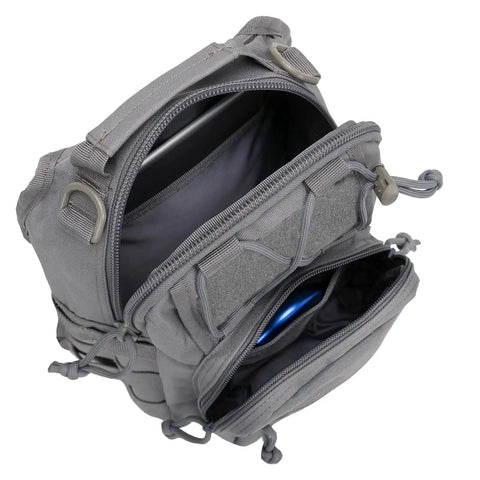 Interior view of Waterproof 1000D Tactical Sling Bag For Everyday Carry And CCW showing multiple compartments and rugged design.