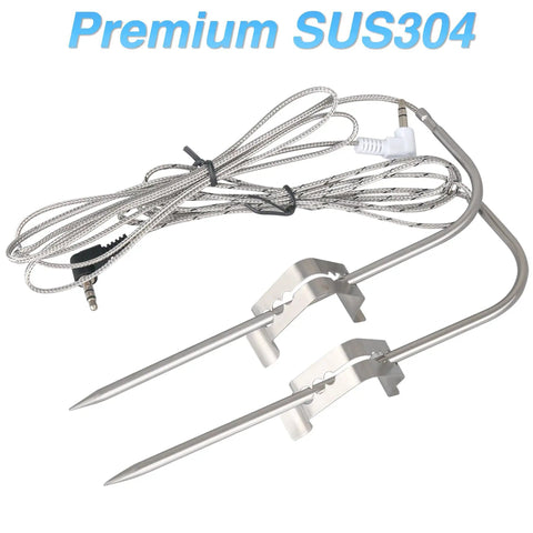 BBQ Thermometer Probes Kit For Wood Pellet Grills With Clip Grommets shown with premium SUS304 stainless steel probes and 3.5mm plug