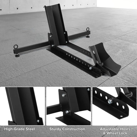 Heavy Duty Motorcycle Front Tire Chock For 15 To 30 Inch Wheels, Adjustable Wheel Stand With 1500 Lbs Capacity, High Grade Steel Trailer Stand For Motorbikes Black on a concrete floor, showing adjustable steel structure and wheel lock mechanism.