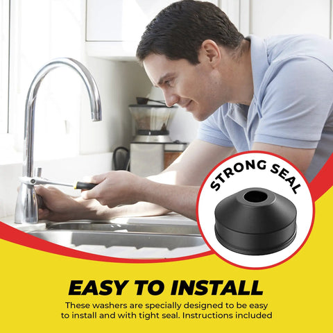 Man using Assorted Faucet Washers Kit For Indoor And Outdoor Repair next to kitchen sink, close-up of washer for tight seal.