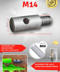 Go-To Earth Drill Adapter With M14 Thread For Concrete Mixers, silver adapter on detailed diagram showing dimensions.