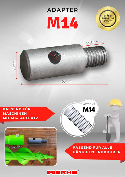 Go-To Earth Drill Adapter With M14 Thread For Concrete Mixers, silver adapter on detailed diagram showing dimensions.