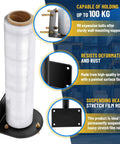 Wall Mountable Stretch Film Roll Stand fits up to 20 inch film core for industrial use, includes 7 screws for easy mounting.