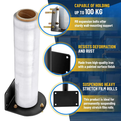 Wall Mountable Stretch Film Roll Stand fits up to 20 inch film core for industrial use, includes 7 screws for easy mounting.