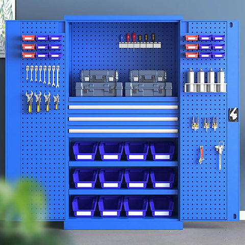 Multi Layer Metal Tool Cabinet With Dustproof Lockable Steel Tool Chest For Mechanic Workshop And Warehouse Garage Ready Spacious Storage Cabinet For Pro Grade Garage Organization And Heavy Duty Tool Storage, blue front view with drawers and bins