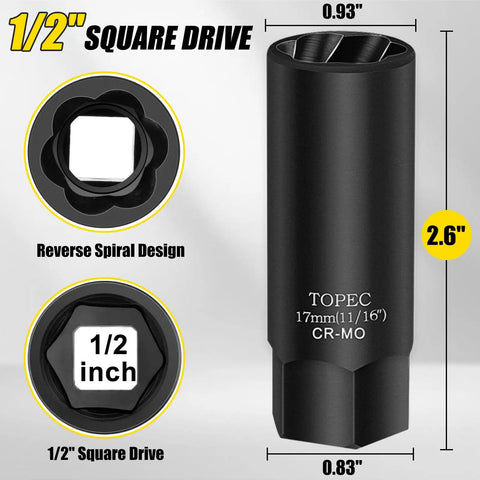 17MM Deep Lug Nut Extractor Socket One Half Inch Drive For Stripped Bolts Extended 2.6 Inch Length Beefy Chrome Molybdenum Steel