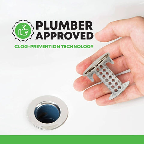 Revolutionary Inside Sink Drain Protector and Hair Catcher being held beside a bathroom sink drain, plumber approved.