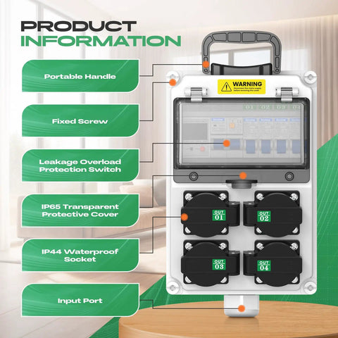 Front view of Go-To 110V IP65 Weatherproof Breaker Box with NEMA 5-20 outlet, protective cover, and portable handle. For construction sites.