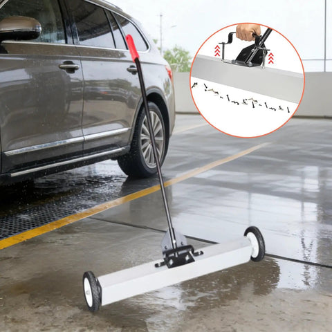 36 Inch Heavy Duty Metal Sweep Cart With Adjustable Height Handle And Smooth Rolling Wheels Perfect For Picking Up Iron Debris And Yard Clutter Efficiently Sweeping Large Outdoor areas Like Driveways And Construction Sites