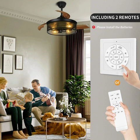 Family room view with 42 Inch Retractable Ceiling Fan With Lights Killer Reversible 6 Speeds Cage Industrial Farmhouse Ceiling Fan With Hidden Blades Remote Control Ideal For Living Room Bedroom Patio Black and two remote controls displayed