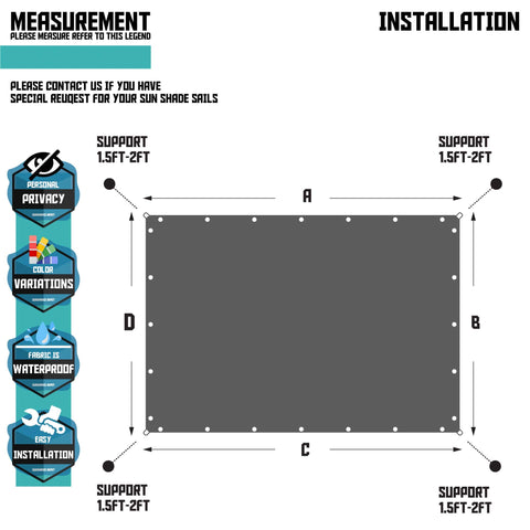 Diagram showing installation and measurements for 8x28 Foot Waterproof Shade Cloth With Grommets Sun Shade Sail Rectangle Turquoise 260 GSM UV Block Fabric Patio Canopy For Deck Carport Backyard Pergola Cover Weatherproof Fade Resistant Easy Install, featuring support points and instructions.