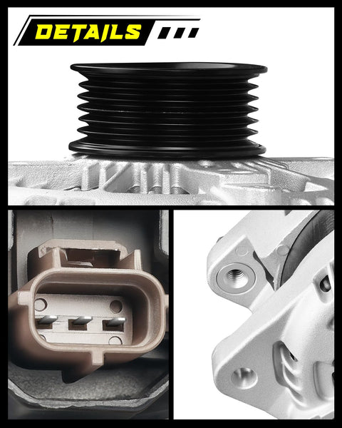 Close-up views of the Beefed Up 12V 200A 225A Alternator for Ford Explorer 3.5L with 6 groove pulley and electrical connectors
