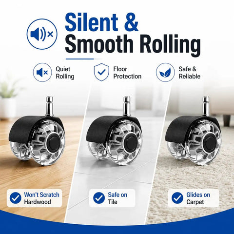 2 Inch Heavy Duty Chair Caster Wheels 5 Pack Silent Swivel Replacement Casters Clear Dual Design showing smooth rolling on different floors.