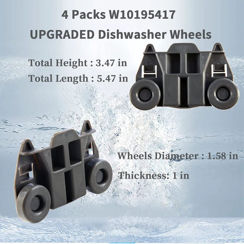 Upgraded Dishwasher Wheel Lower Rack Replacement, 4-Pack, with dimensions, fits major brands including KitchenAid Whirlpool