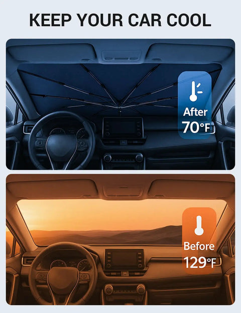 Custom Fit Windshield Sun Shade Umbrella For Honda Odyssey 2018 Through 2026 showing before and after temperature difference.