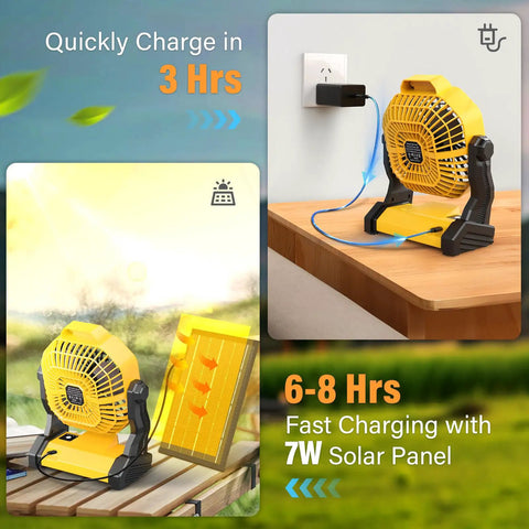 Solar Powered Camping Fan With Led Lantern 7W Panel 10400mAh Rechargeable Battery Quiet Outdoor Tent Fan in charging setup