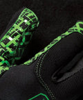 Close-up of Exo Grip Work Gloves For Men Black And Green Non Slip Silicone Fused Palm Sweat Wipe Terry Cloth Durable Heavy Duty Hand Protection In Size Large Pack Of 1; partial view showing black and green silicone patterns.