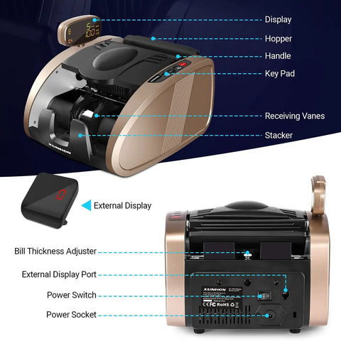 Portable Cash Counter With UV MG IR Counterfeit Detection featuring dual LCD, external display, and handle, gold color.