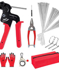 Heavy Duty Metal Zip Tie Gun Set With 150 Pieces Stainless Steel Zip Ties, tools, gloves, and carrying case displayed