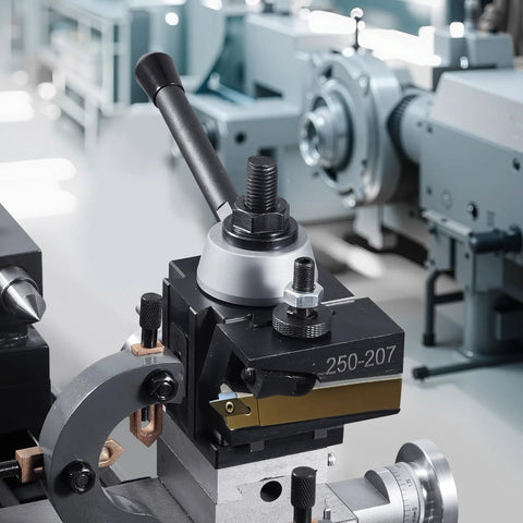 Installed quick-change tool post set with turning tool holder on metal lathe.