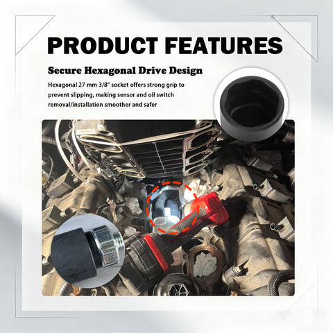 Beefy One And One Sixteenth Inch Oil Pressure Sensor Socket in use during engine repair, chrome moly steel, 3/8 inch drive detail view