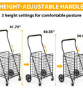 Go-To Grocery Cart With 360 Degree Swivel Front Wheels And 100 Lb Capacity showing adjustable handle heights, black, medium size