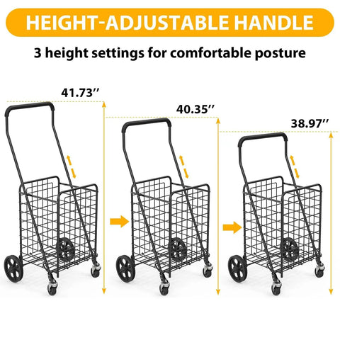 Go-To Grocery Cart With 360 Degree Swivel Front Wheels And 100 Lb Capacity showing adjustable handle heights, black, medium size