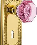 Egg And Dart Plate With Keyhole Double Dummy Set For Doors Waldorf Pink Knob In Polished Brass with crystal knobs, restoration ready