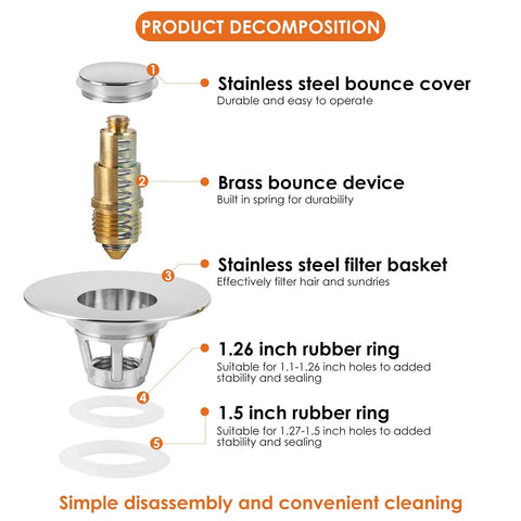 Universal Bathroom Sink Stopper And Drain Strainer No Fuss Pop Up Plug With Stainless Steel Hair Catcher For 1.1 To 1.5 Inch Drains Fits Most Sinks 2 In 1 Drain Plug And Strainer Silver product decomposition diagram.