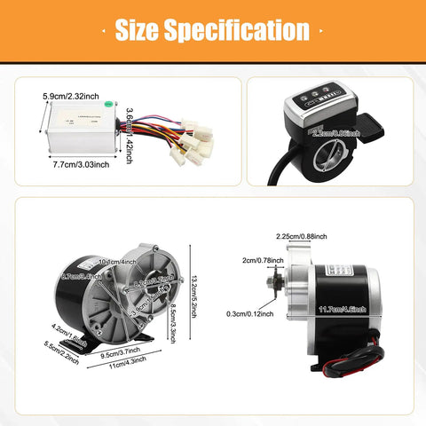Size specifications for Turn Your Ride Into An Electric Powerhouse With This 24V 250W Dual Wheel Cart Conversion Kit components