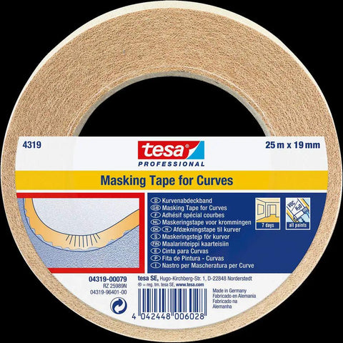 Masking Tape For Curves Ultra Flexible 19mm By 25m Pro Grade Tape packaging, showing product label and specifications