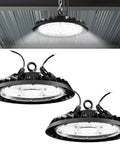 UFO High Bay LED Lights 150W 21,000 Lumen 6000K Daylight White Dimmable Ceiling Shop Lights For Warehouses Workshops And Garages 120-277V UL DLC FCC RoHS Certified 2 Pack in use and detail view.