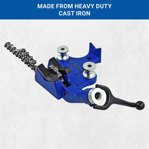 6 Inch Bench Chain Vise For Heavy Duty Pipe Work, 1/4 To 6 Inch Clamp Capacity, Cast Iron Body And Base, Blue