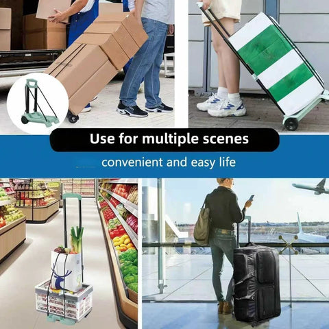 Collage showing a 100 Lbs Capacity Foldable Cart with Wheels used for boxes, groceries, and luggage in home, office, and travel settings.