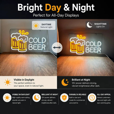 Cold Beer Neon Sign For Pub And Home Bar 12V LED Neon With Flexible PET Backboard shown in daylight and nighttime settings with glow effect.