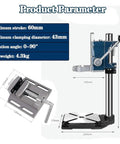Pro Grade Sturdy Floor Drill Press Stand Featuring Adjustable Vertical Sleeve And Beefy Steel Vice Tailored For Rock Solid Benchtop Precision Workstation Setup, showcasing dimensions and features.