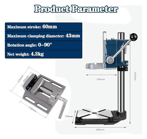Pro Grade Sturdy Floor Drill Press Stand Featuring Adjustable Vertical Sleeve And Beefy Steel Vice Tailored For Rock Solid Benchtop Precision Workstation Setup, showcasing dimensions and features.