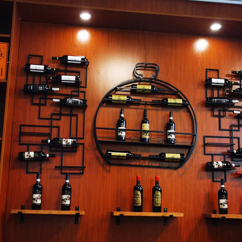 Badass Rock Solid Heavy Duty Wall Wine Rack With Rust Proof Iron Construction Stemware Holder And Spacious Floating Bar Shelf mounted on wooden wall.