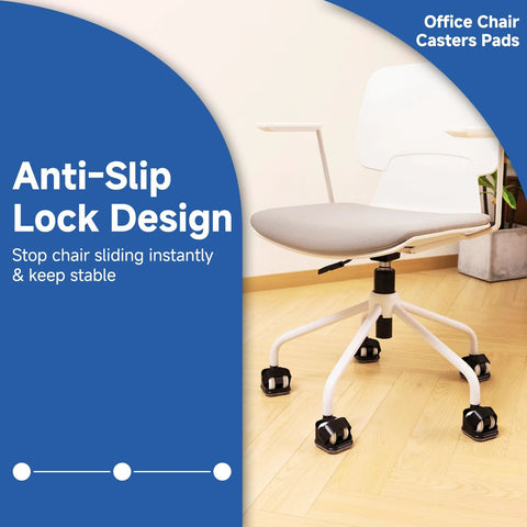 Office chair with Five Pack Office Chair Caster Pads With Felt Backing For Scratch Prevention And Quiet Rolling, Secure Strap Lock And Anti Slip Design.