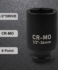 One And A Half Inch Deep Impact Socket Half Inch Drive Workhorse Chrome Moly Six Point Axle Nut Tool showing 6 point design.