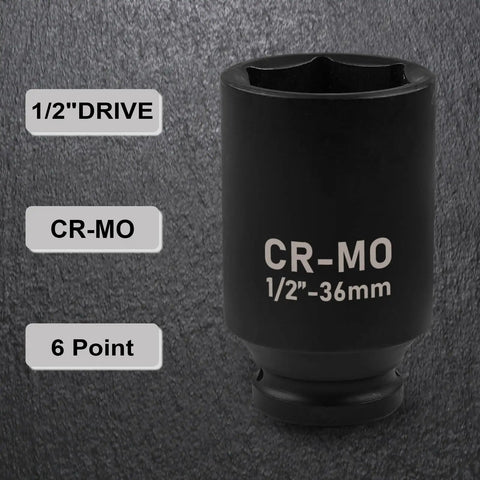 One And A Half Inch Deep Impact Socket Half Inch Drive Workhorse Chrome Moly Six Point Axle Nut Tool showing 6 point design.