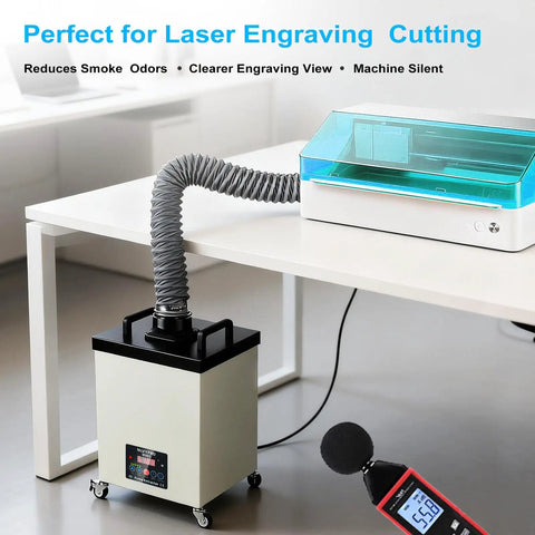 200W Laser Fume Extractor With LED Remote Filter Alert for Laser Engraving and Soldering under table with connected hose