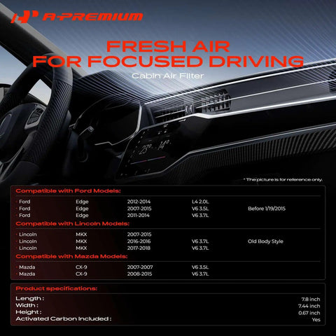 Dashboard view showing fitment guide for Activated Carbon Cabin Air Filter For Ford Edge Lincoln MKX MKZ MKS CX9 Cars 2.0L 3.5L 3.7L